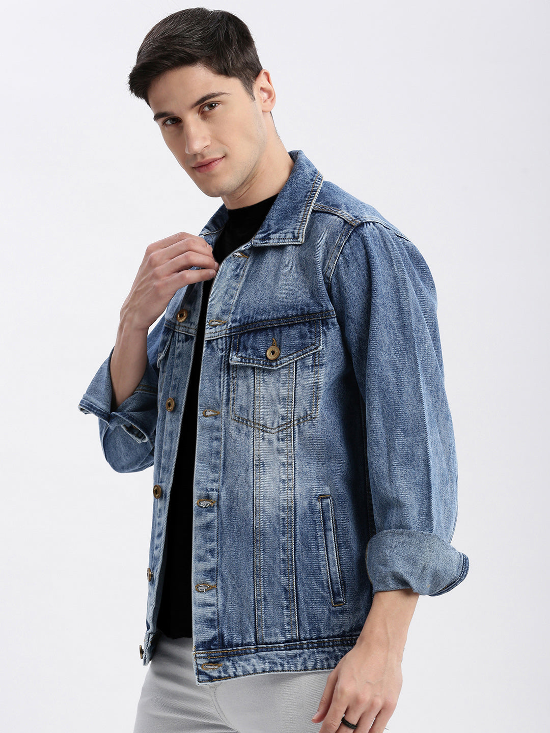 Men Solid Spread Collar Blue Denim Jacket