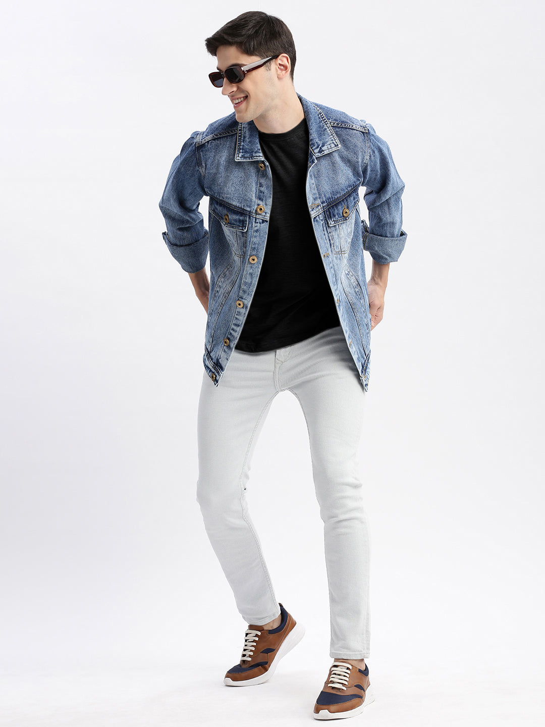 Men Solid Spread Collar Blue Denim Jacket