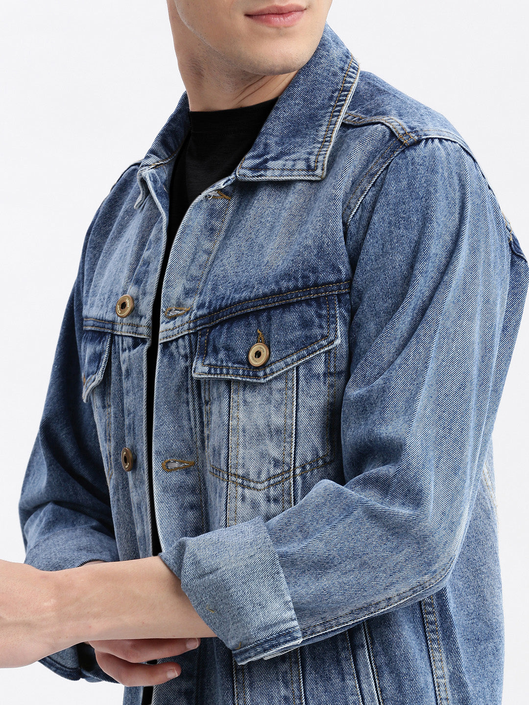 Men Solid Spread Collar Blue Denim Jacket