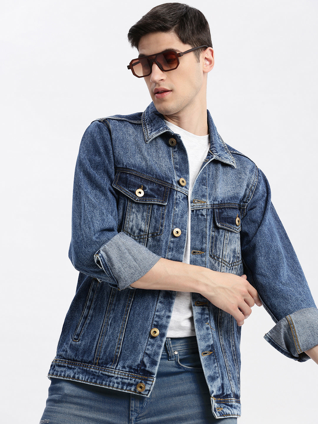 Men Solid Spread Collar Blue Denim Jacket