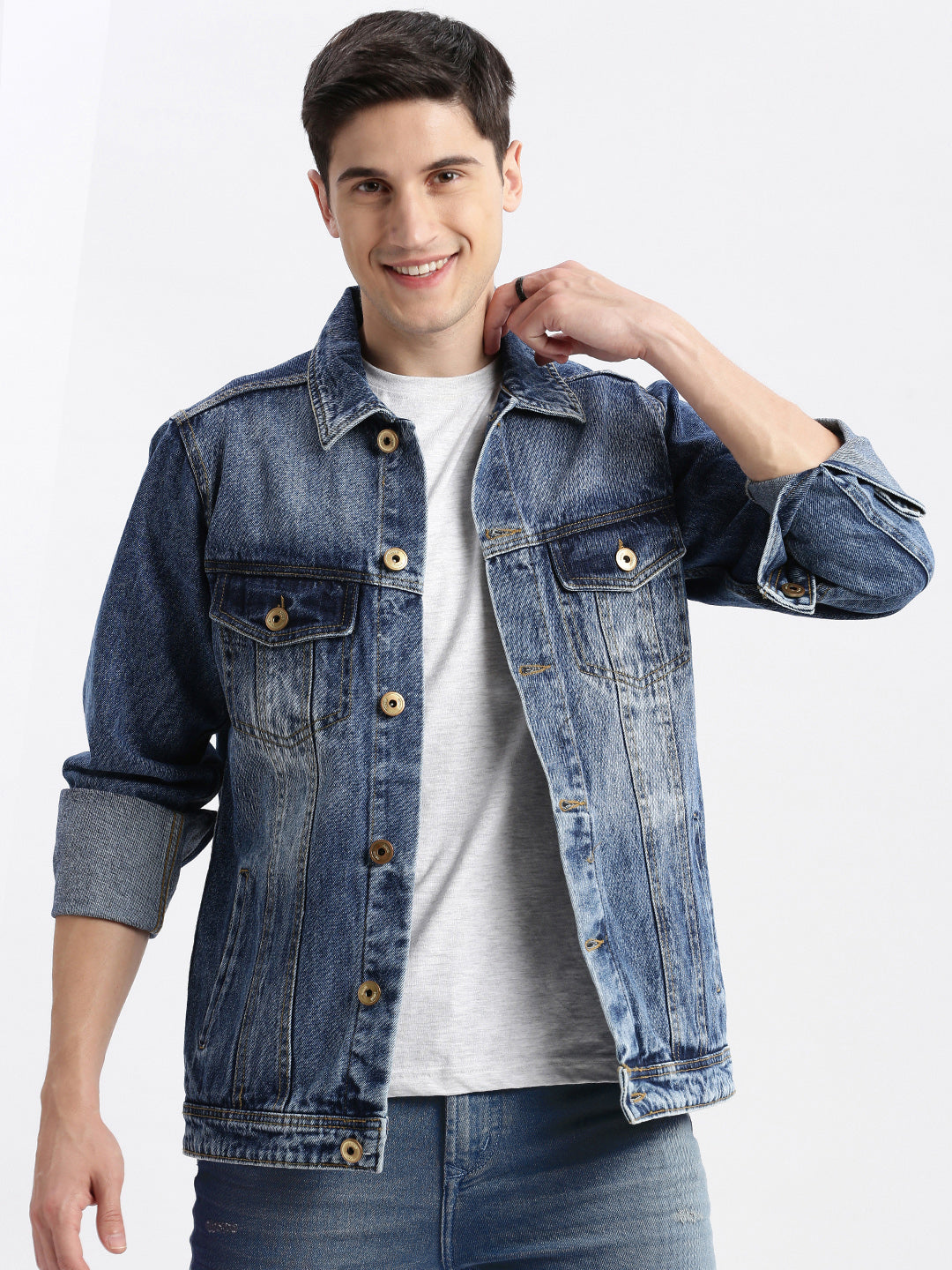 Men Solid Spread Collar Blue Denim Jacket