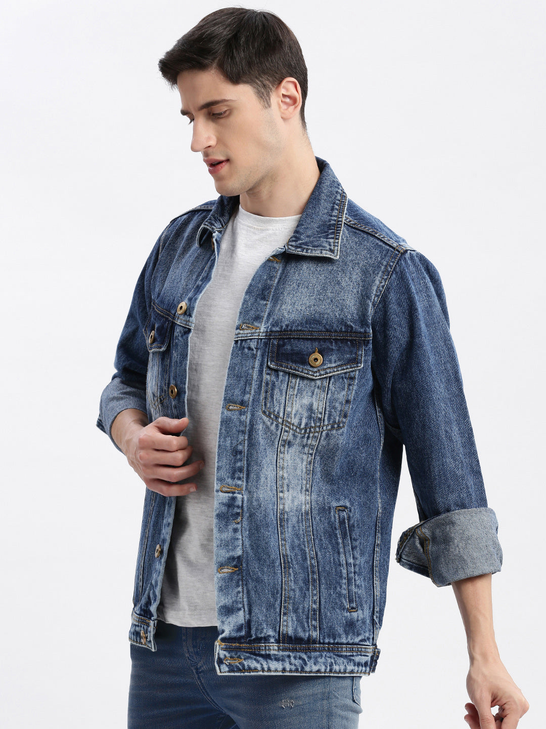 Men Solid Spread Collar Blue Denim Jacket