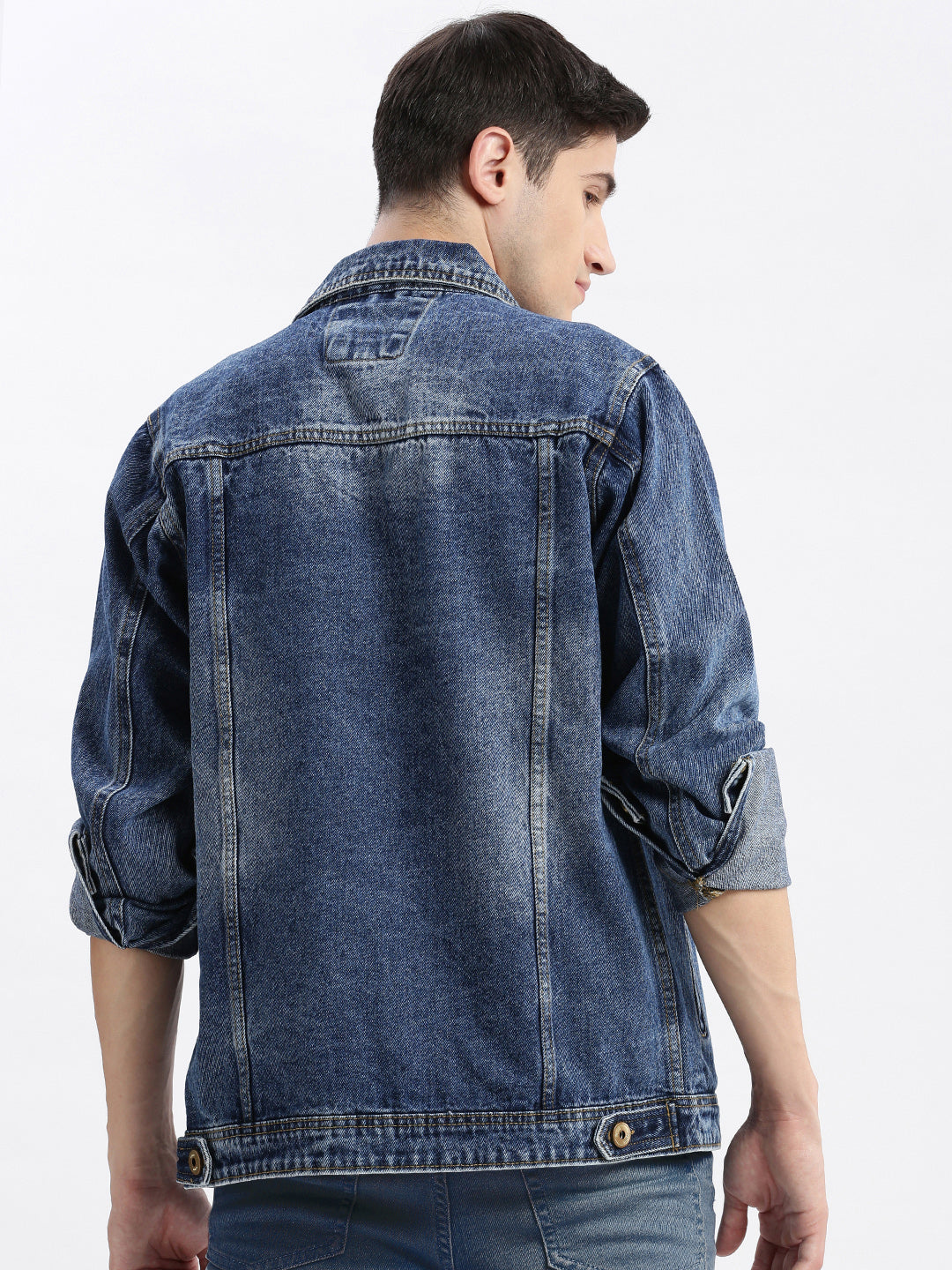 Men Solid Spread Collar Blue Denim Jacket