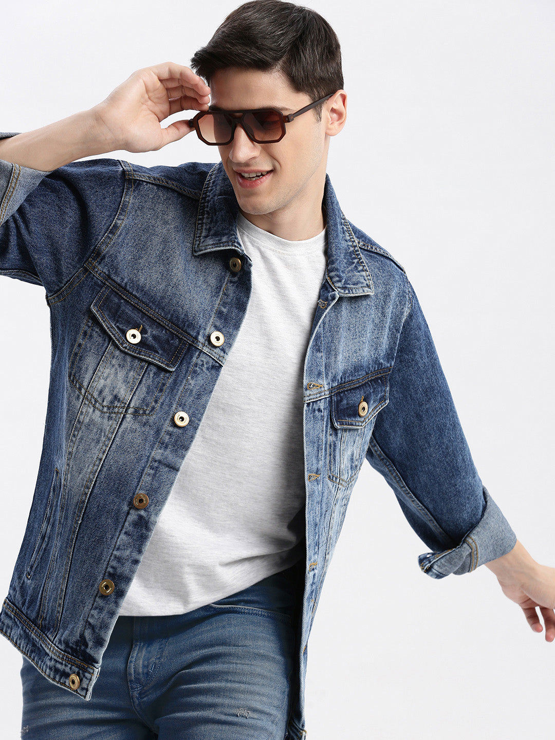 Men Solid Spread Collar Blue Denim Jacket