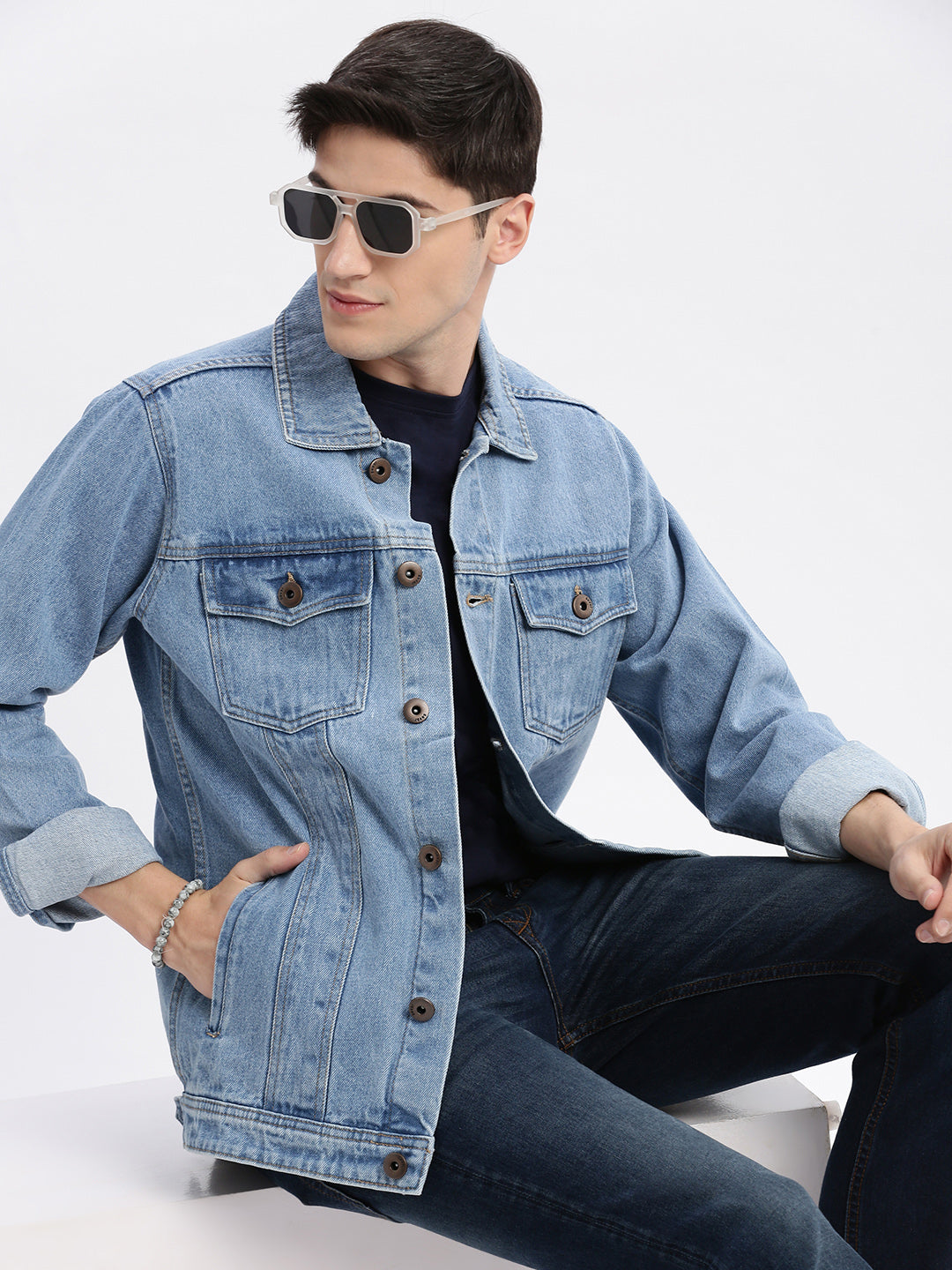 Men Solid Spread Collar Blue Denim Jacket