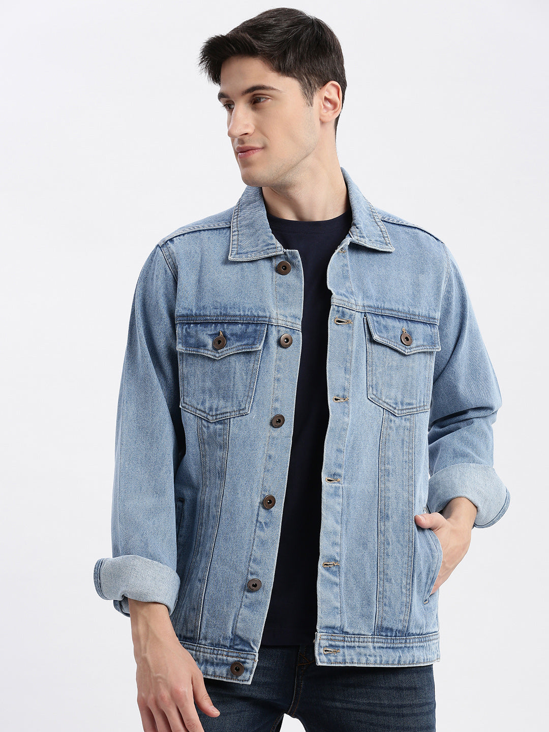 Men Solid Spread Collar Blue Denim Jacket