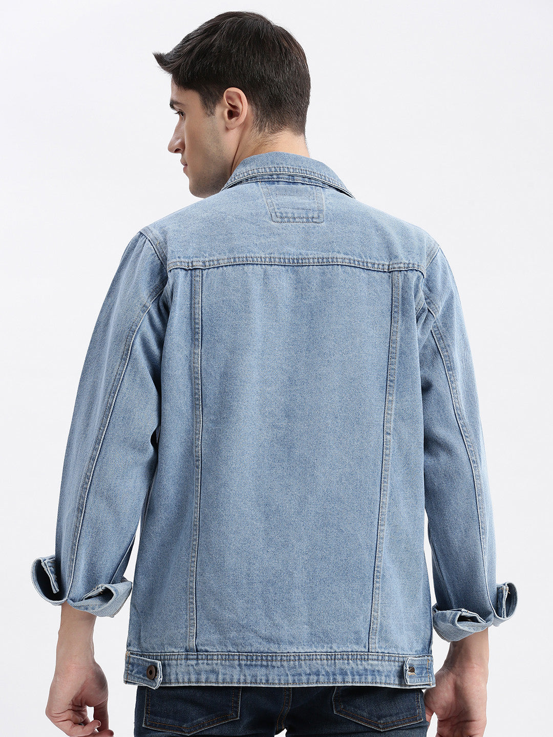 Men Solid Spread Collar Blue Denim Jacket