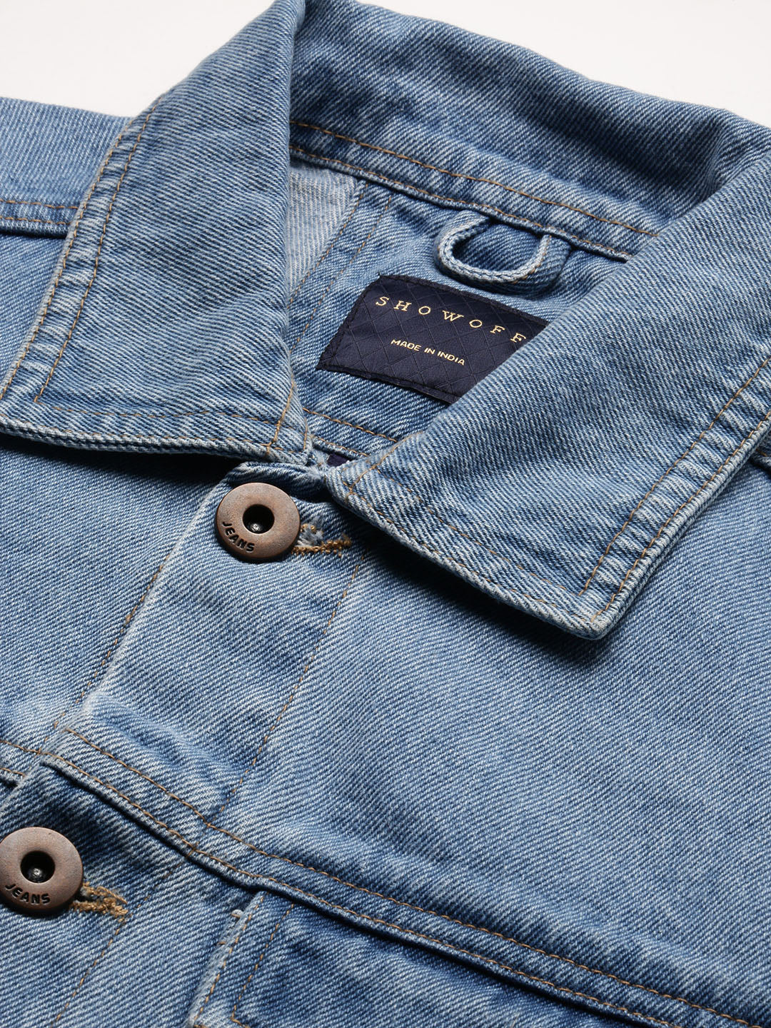 Men Solid Spread Collar Blue Denim Jacket