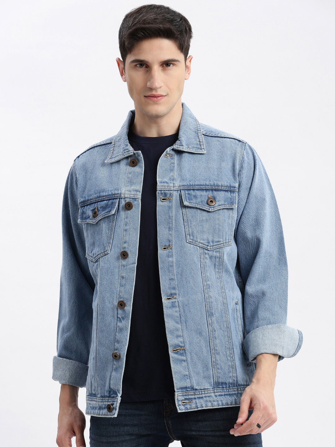 Men Solid Spread Collar Blue Denim Jacket