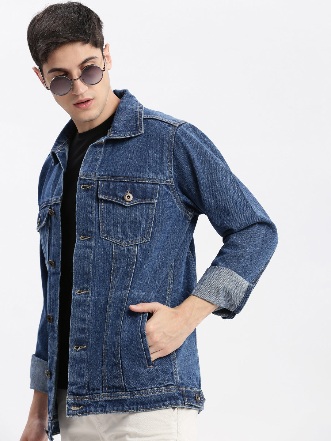 Men Solid Spread Collar Navy Blue Denim Jacket