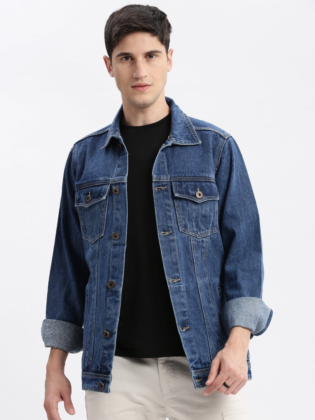 Men Solid Spread Collar Navy Blue Denim Jacket