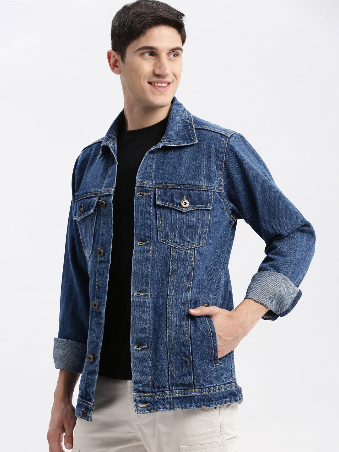 Men Solid Spread Collar Navy Blue Denim Jacket