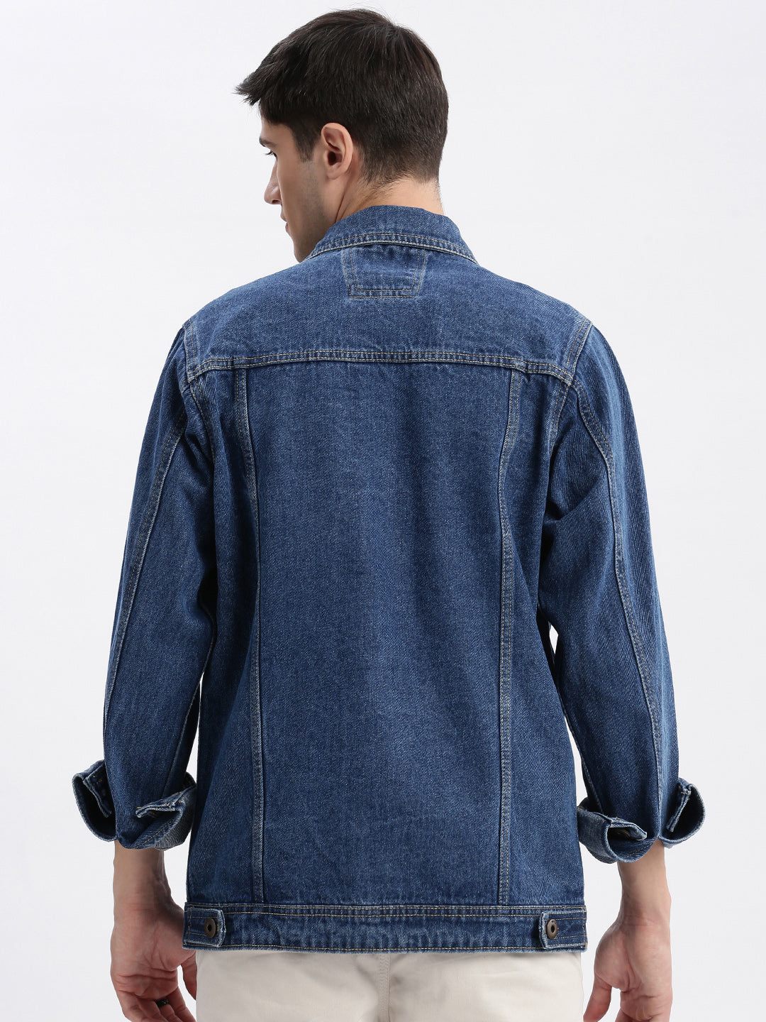 Men Solid Spread Collar Navy Blue Denim Jacket