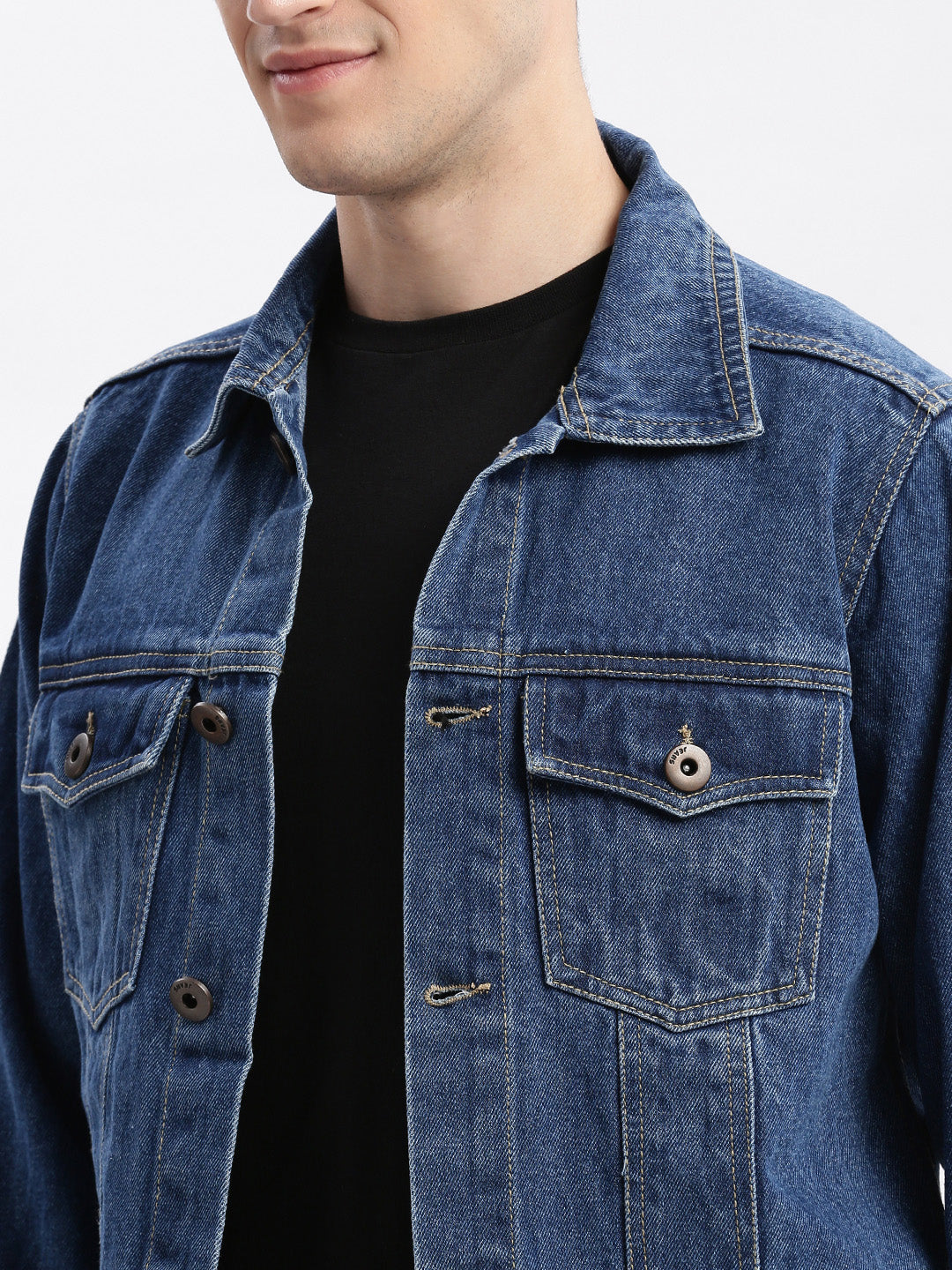 Men Solid Spread Collar Navy Blue Denim Jacket