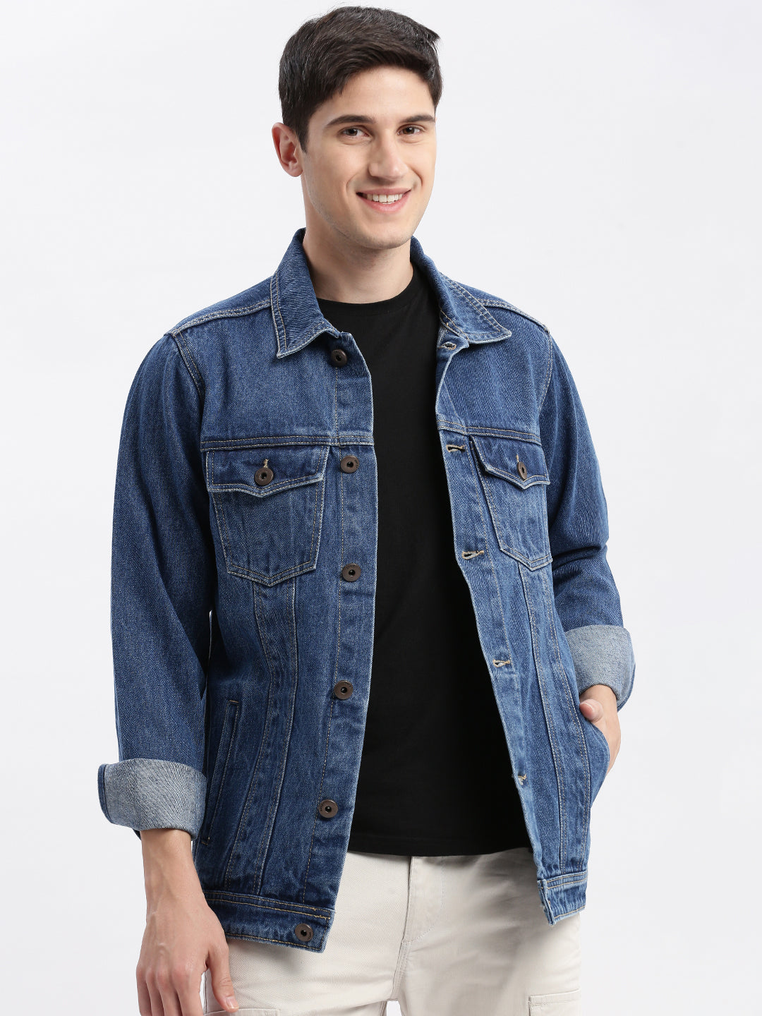 Men Solid Spread Collar Navy Blue Denim Jacket