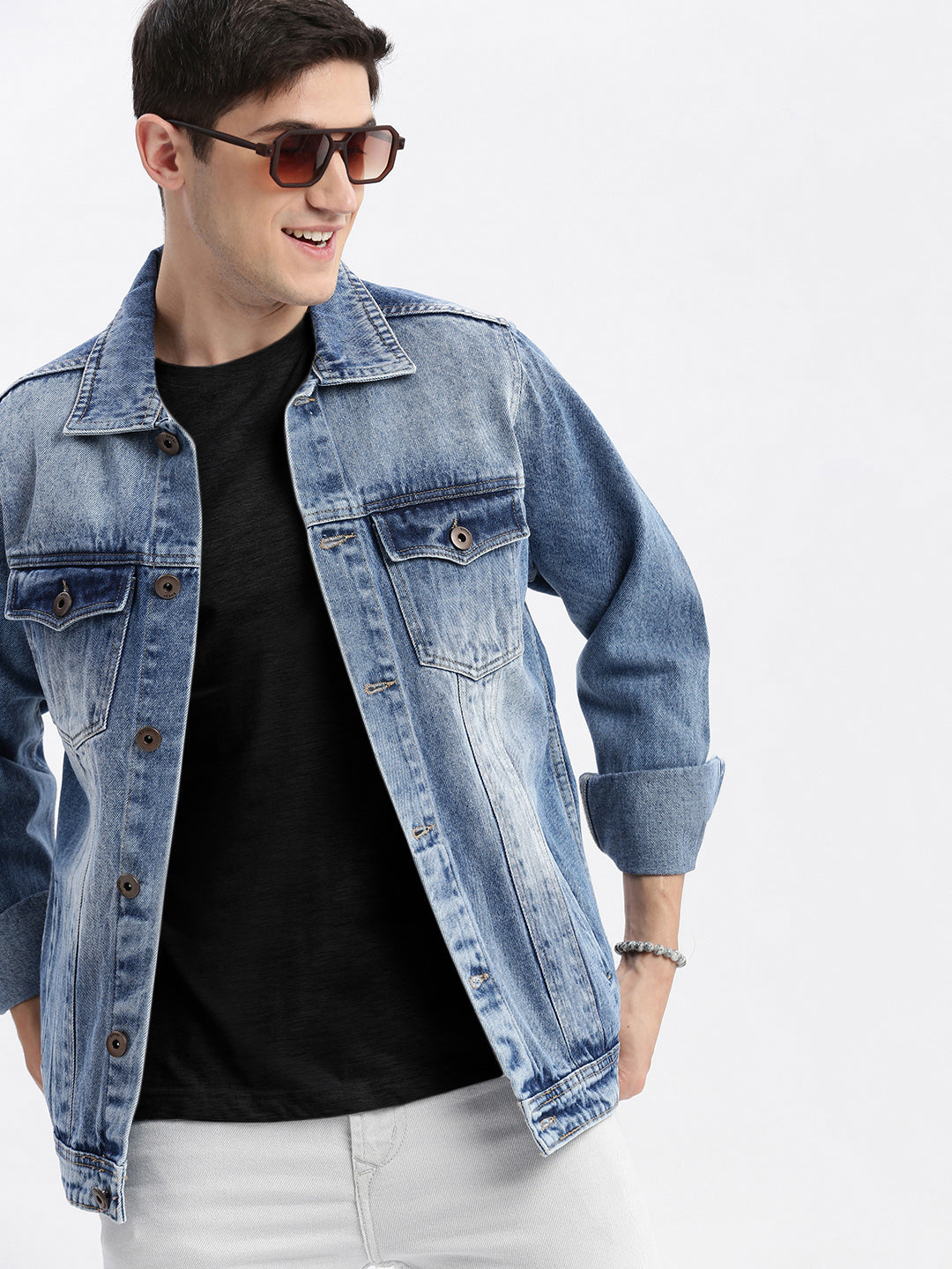 Men Solid Spread Collar Blue Denim Jacket