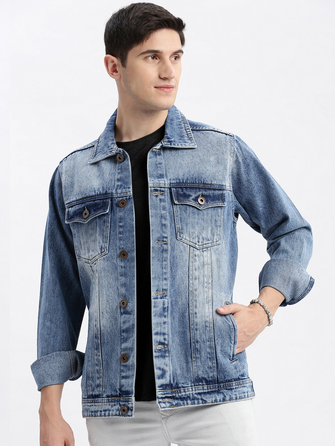 Men Solid Spread Collar Blue Denim Jacket