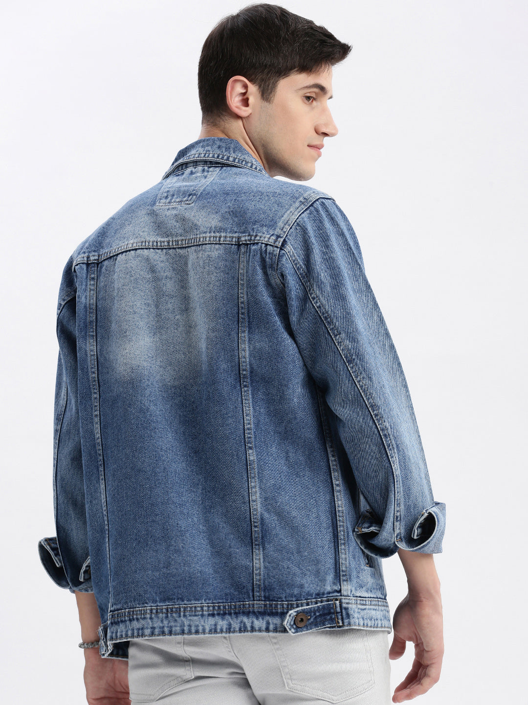 Men Solid Spread Collar Blue Denim Jacket