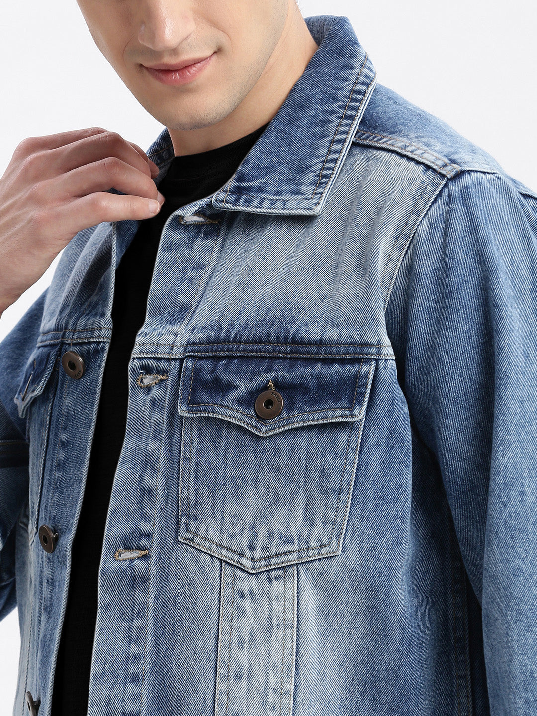 Men Solid Spread Collar Blue Denim Jacket