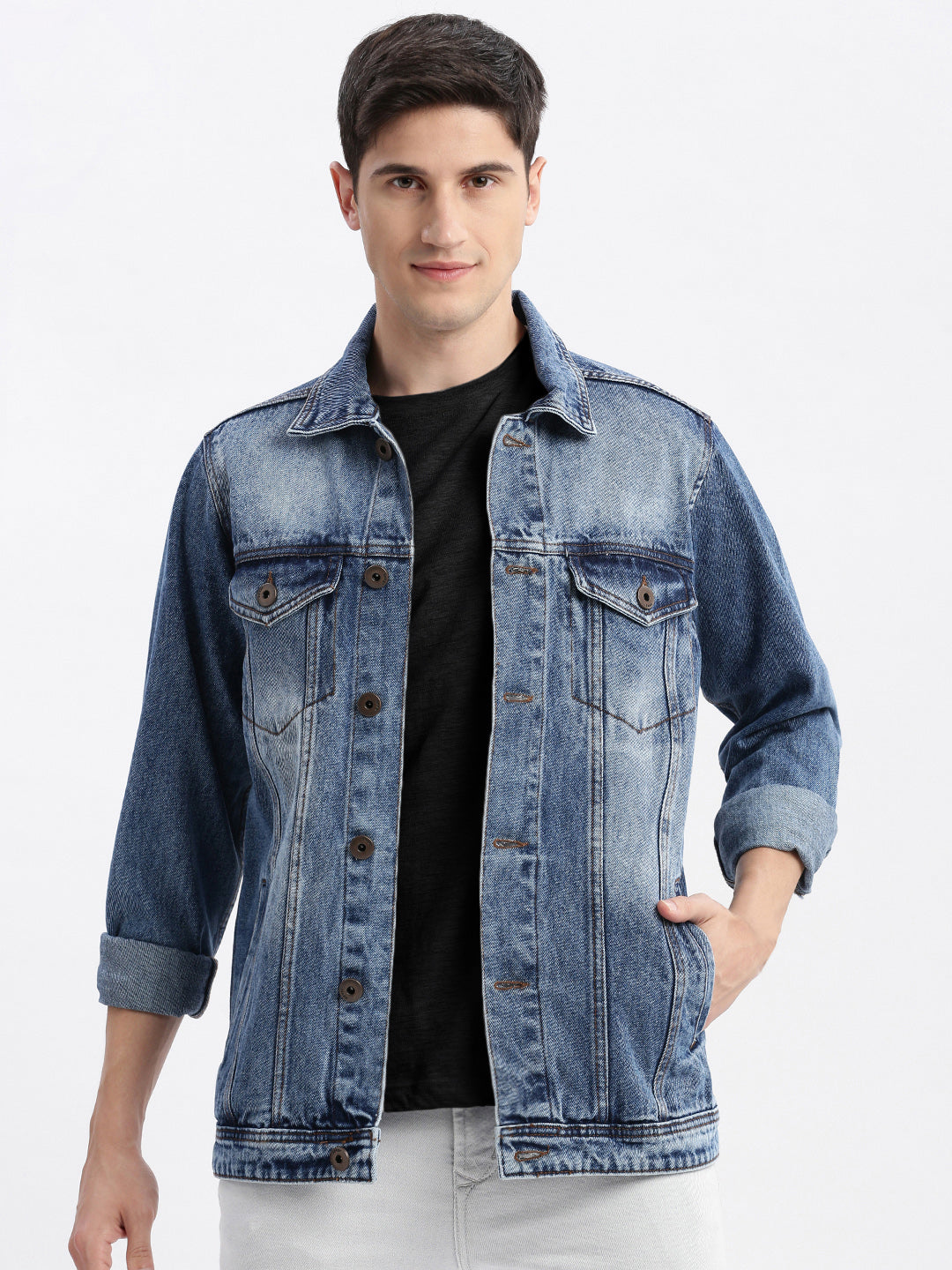 Men Solid Spread Collar Blue Denim Jacket