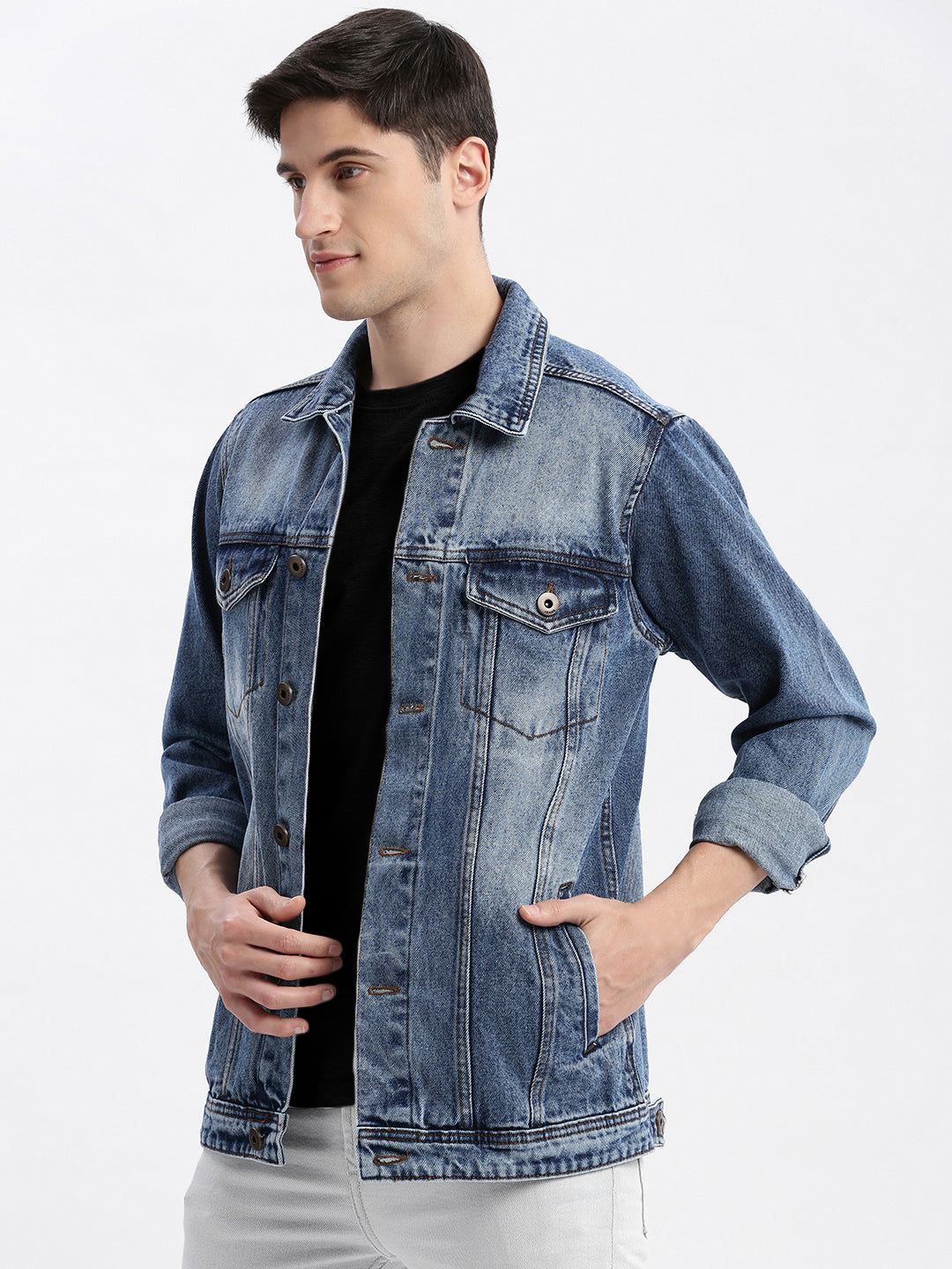 Men Solid Spread Collar Blue Denim Jacket