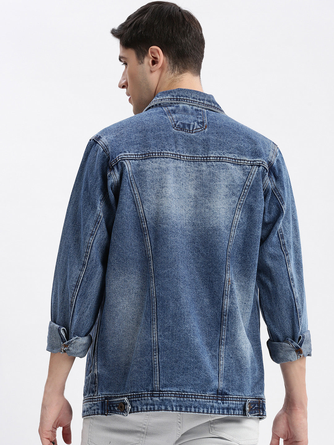 Men Solid Spread Collar Blue Denim Jacket