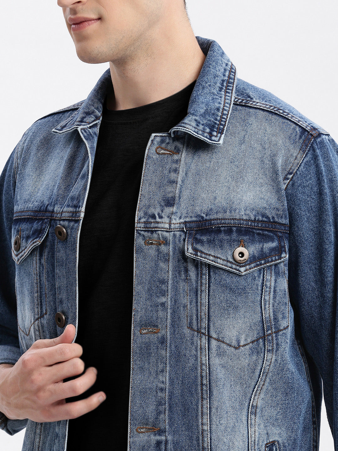 Men Solid Spread Collar Blue Denim Jacket