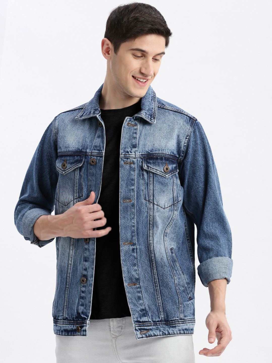 Men Solid Spread Collar Blue Denim Jacket