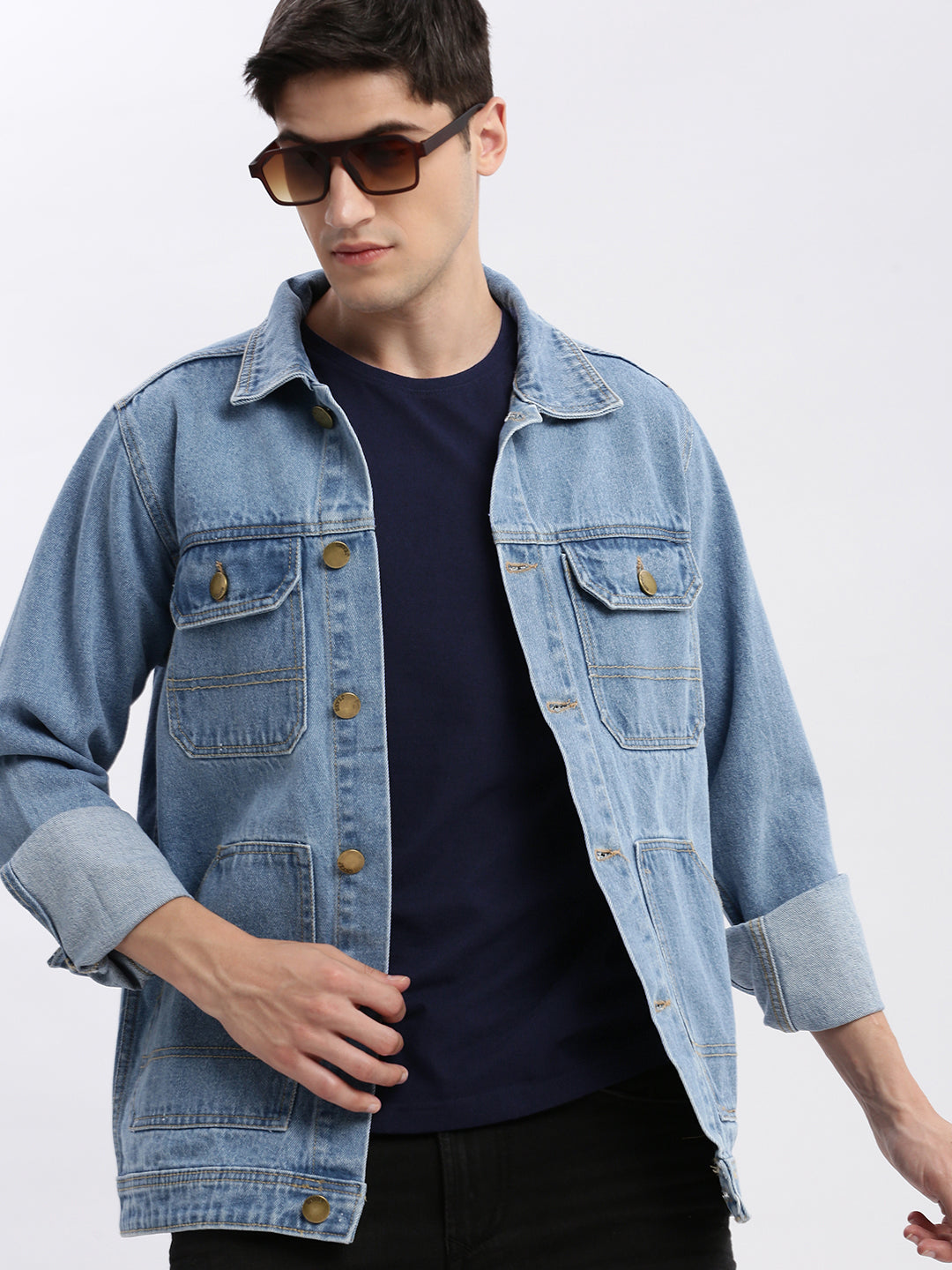 Men Solid Spread Collar Blue Denim Jacket