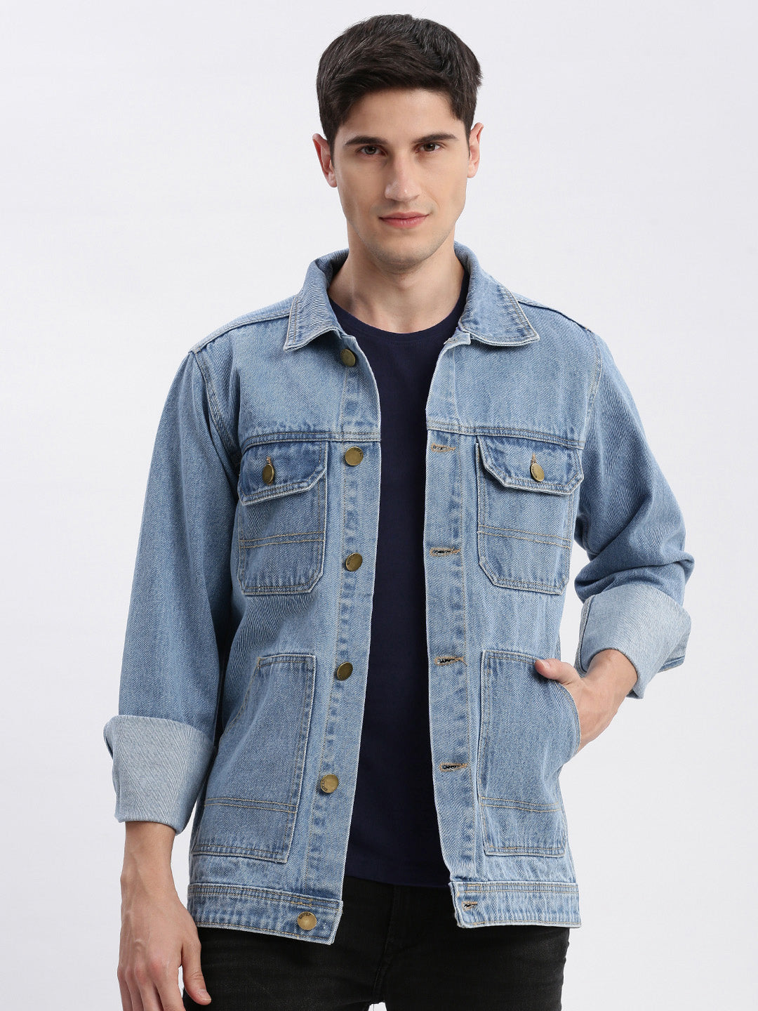 Men Solid Spread Collar Blue Denim Jacket