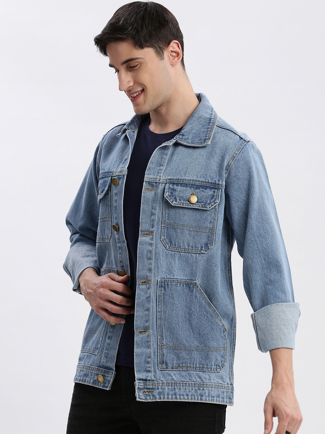 Men Solid Spread Collar Blue Denim Jacket