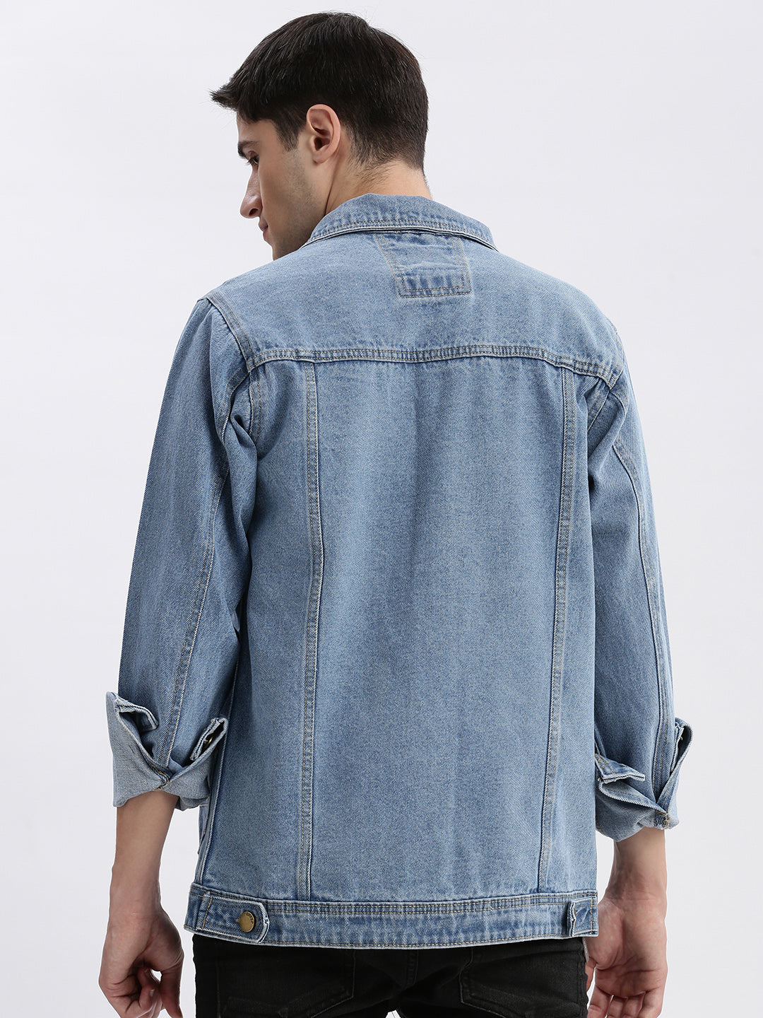 Men Solid Spread Collar Blue Denim Jacket