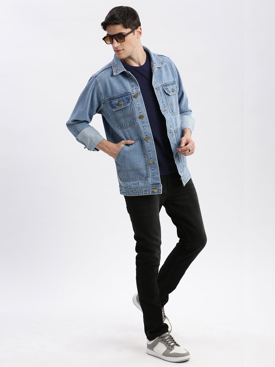 Men Solid Spread Collar Blue Denim Jacket