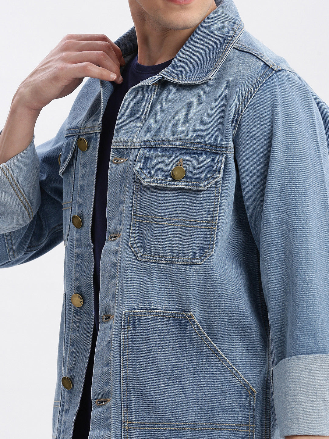 Men Solid Spread Collar Blue Denim Jacket