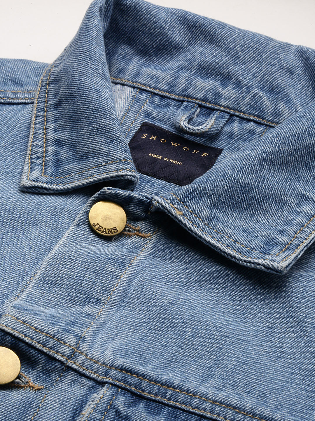 Men Solid Spread Collar Blue Denim Jacket