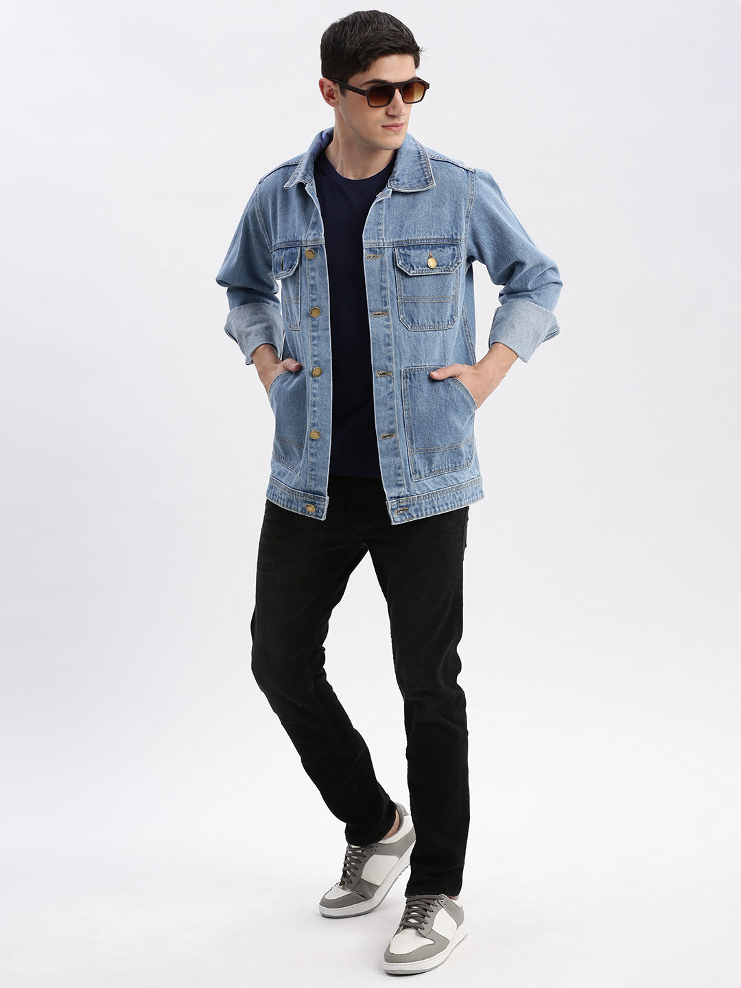 Men Solid Spread Collar Blue Denim Jacket