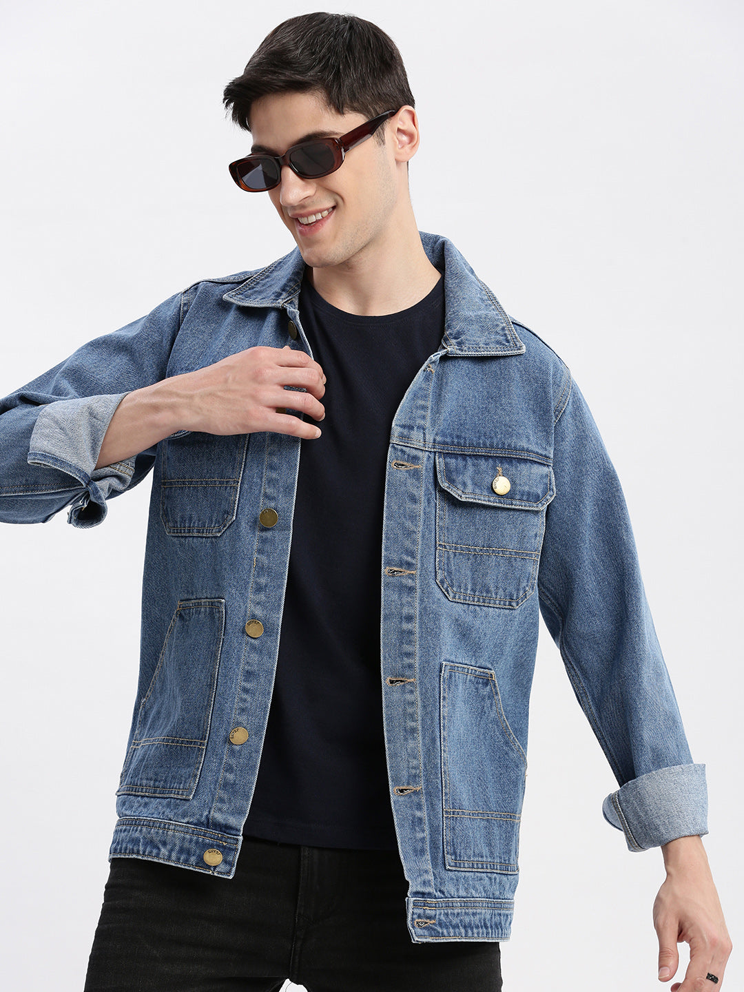 Men Solid Spread Collar Blue Denim Jacket