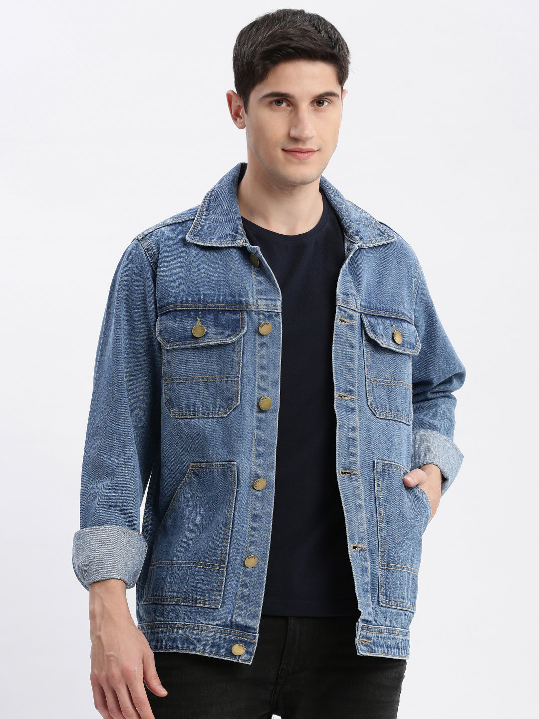 Men Solid Spread Collar Blue Denim Jacket