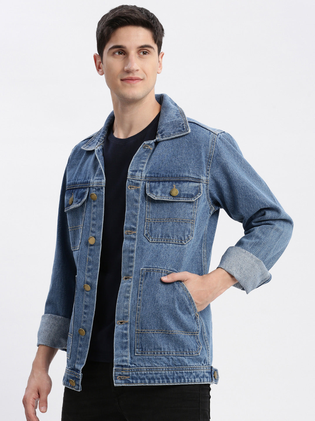 Men Solid Spread Collar Blue Denim Jacket