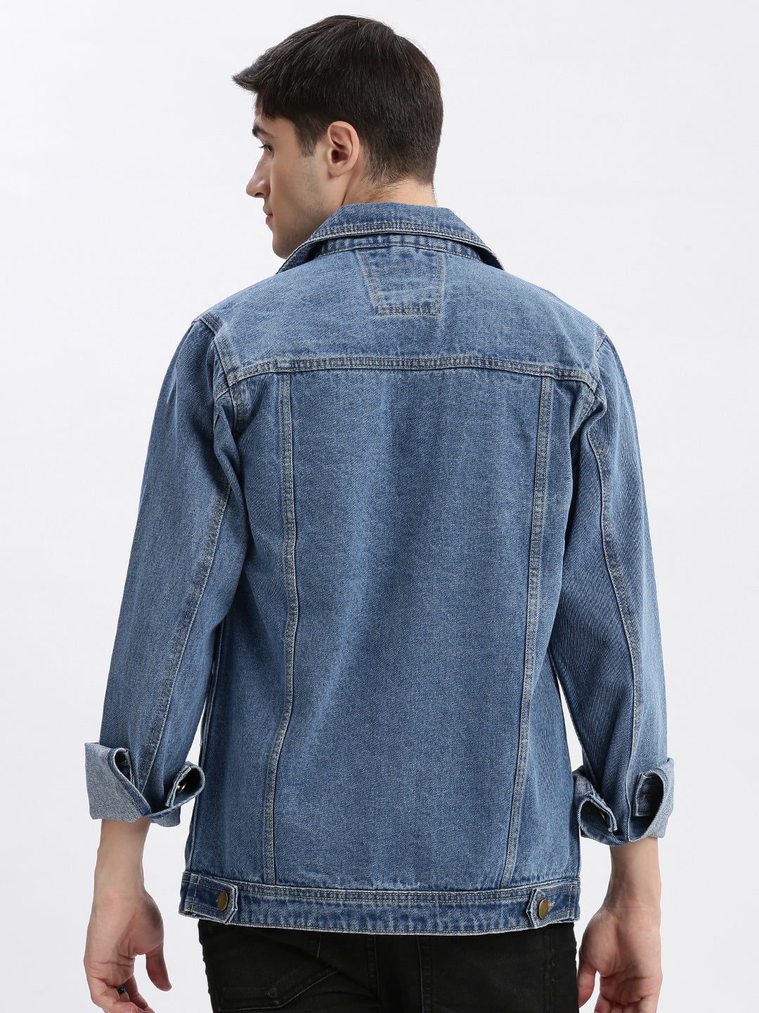 Men Solid Spread Collar Blue Denim Jacket