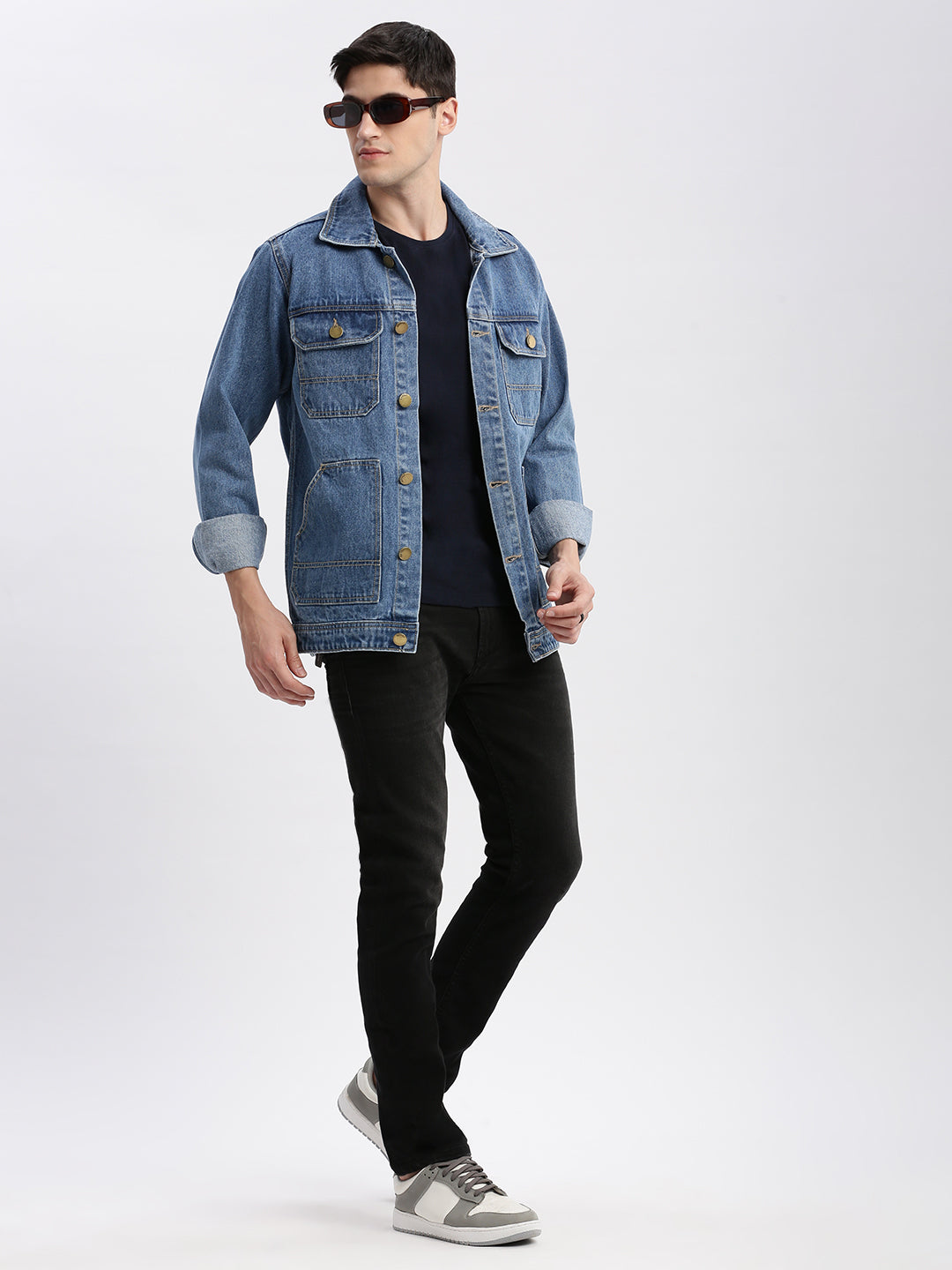 Men Solid Spread Collar Blue Denim Jacket