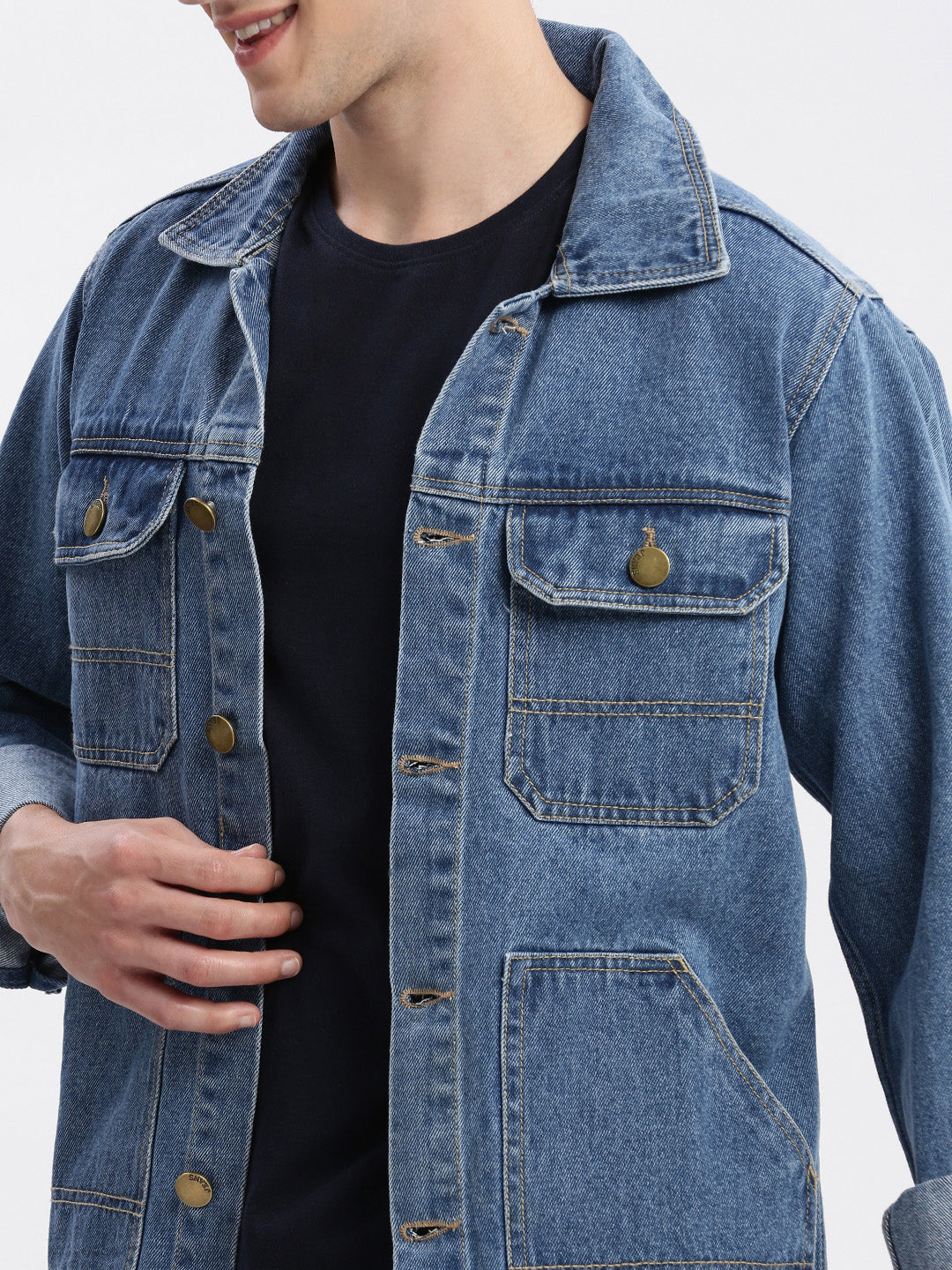 Men Solid Spread Collar Blue Denim Jacket