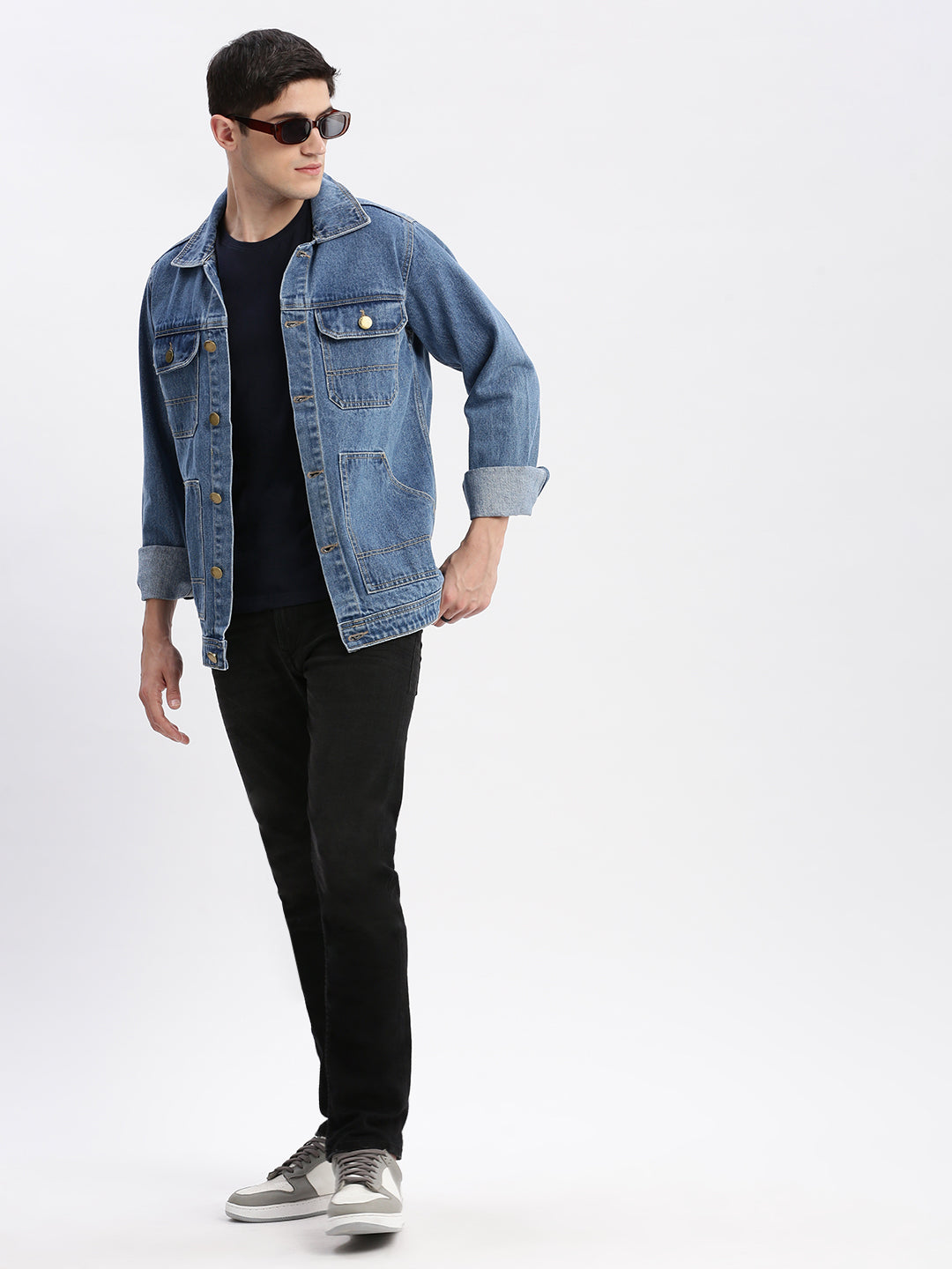 Men Solid Spread Collar Blue Denim Jacket