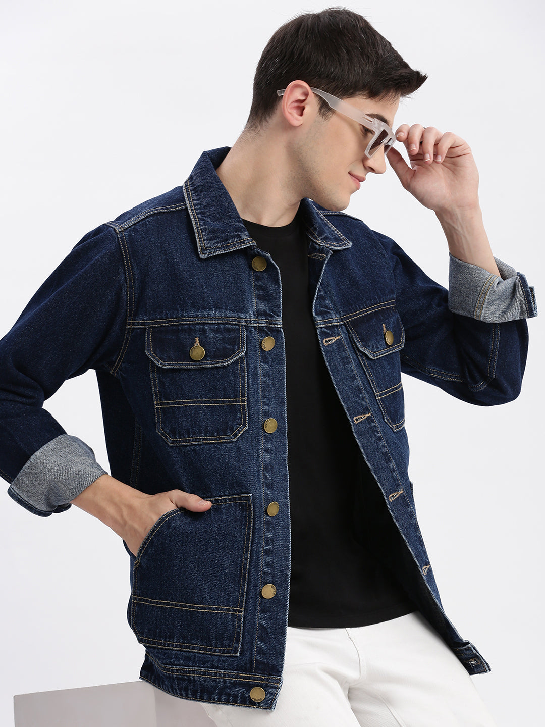 Men Solid Spread Collar Navy Blue Denim Jacket