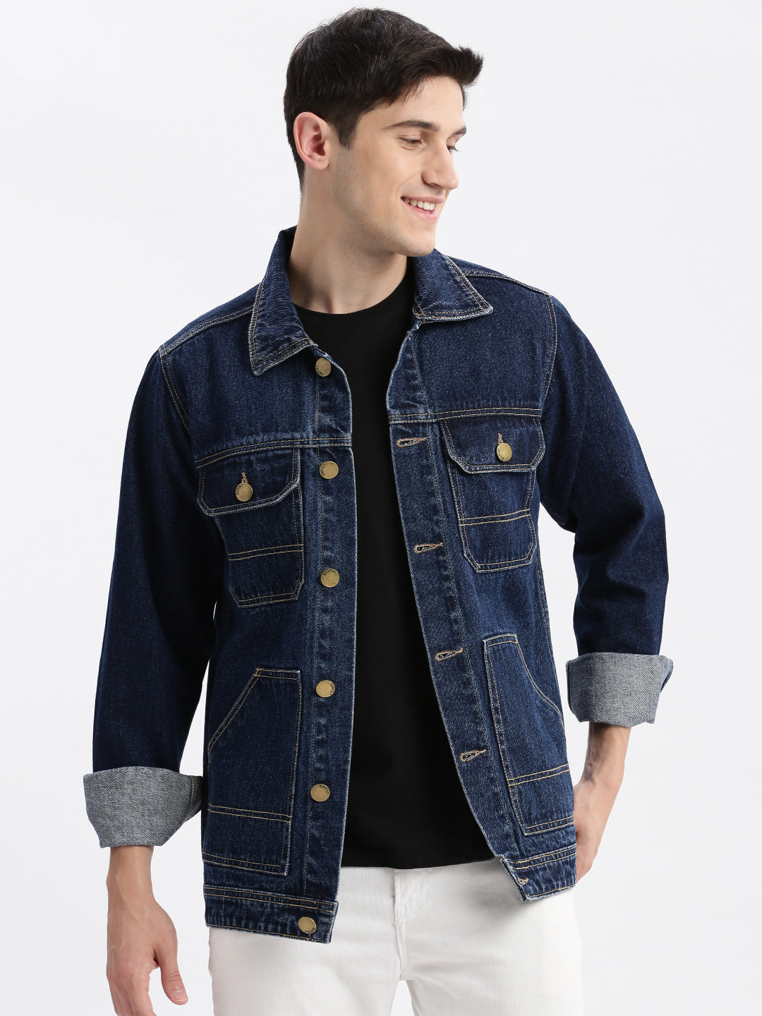 Men Solid Spread Collar Navy Blue Denim Jacket