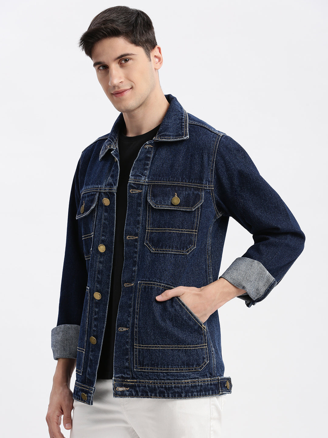 Men Solid Spread Collar Navy Blue Denim Jacket