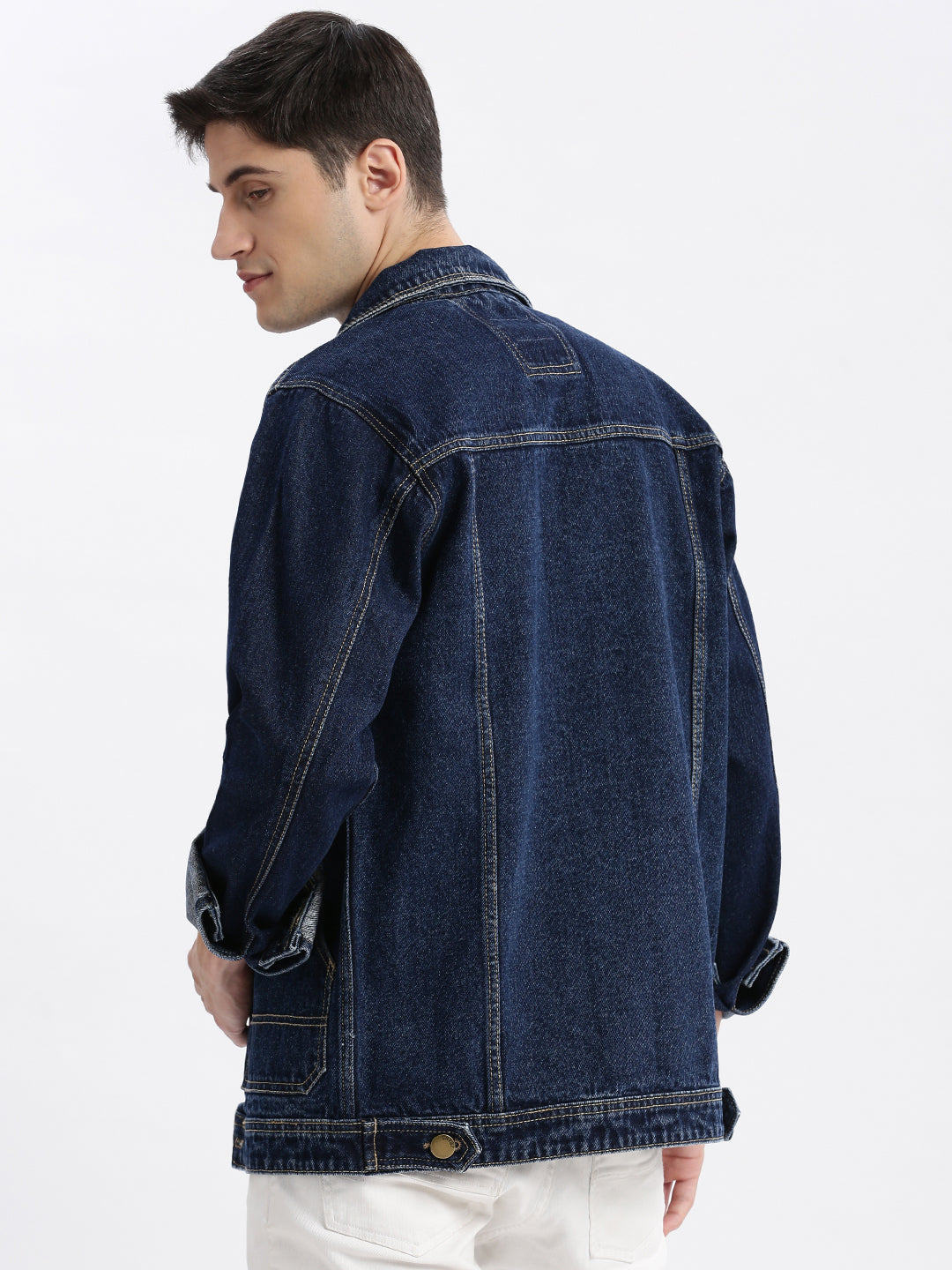 Men Solid Spread Collar Navy Blue Denim Jacket