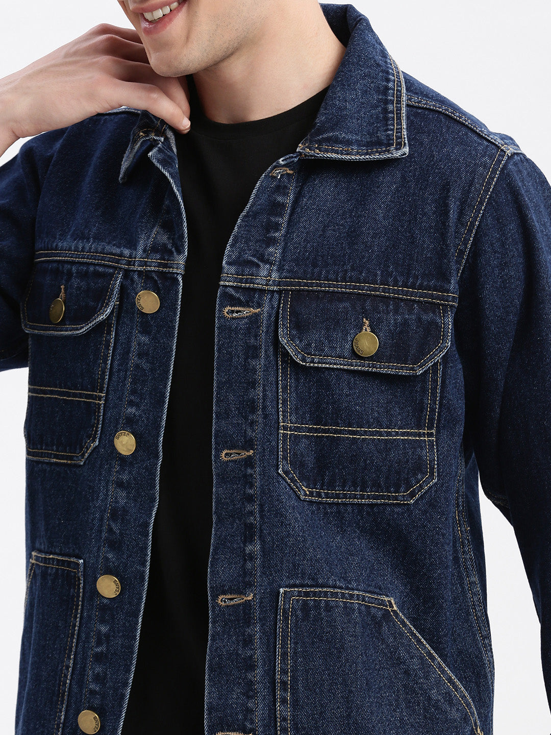 Men Solid Spread Collar Navy Blue Denim Jacket