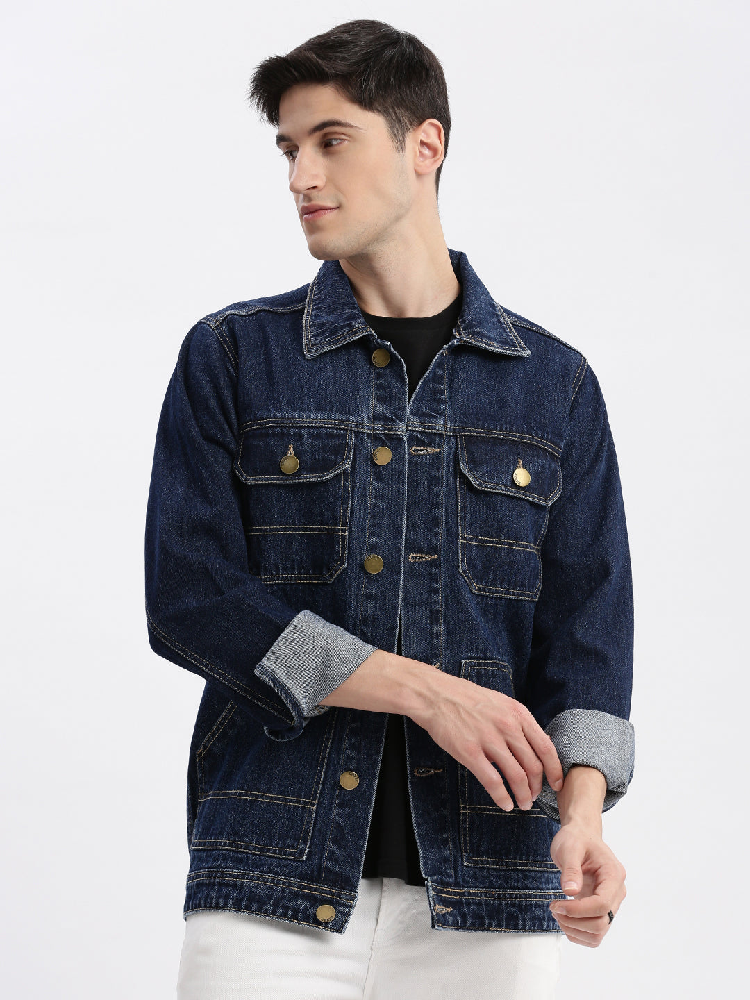 Men Solid Spread Collar Navy Blue Denim Jacket