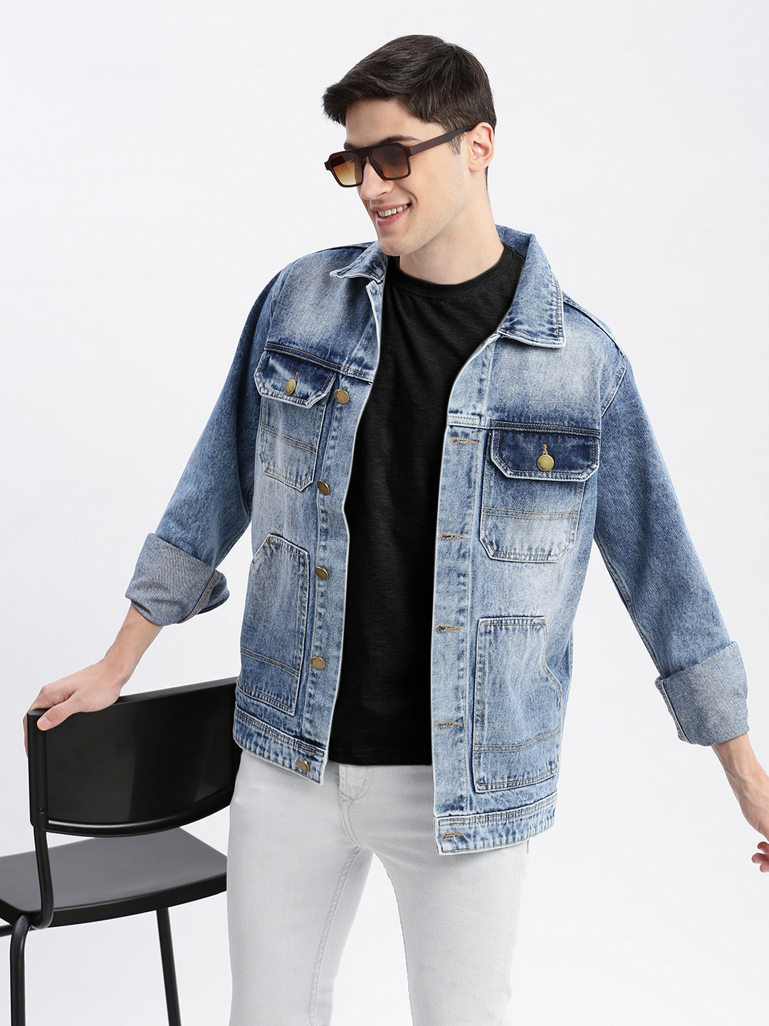 Men Solid Spread Collar Blue Denim Jacket